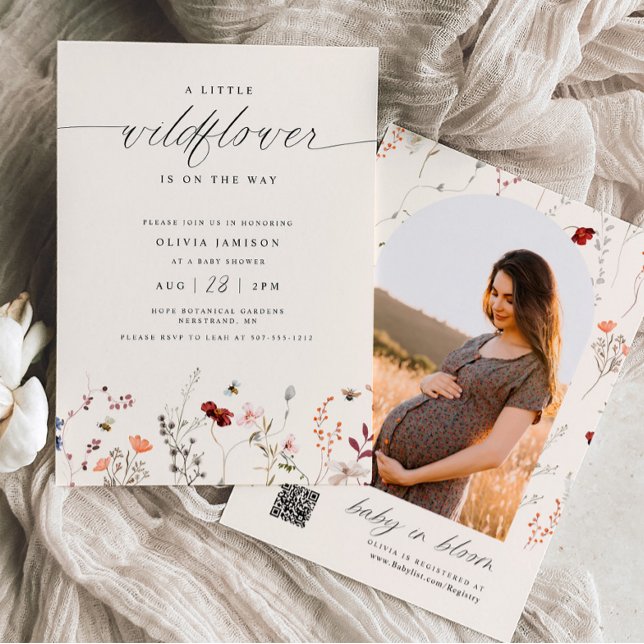 Invitation Fleur sauvage Boho Baby shower de verdure (Boho A little Wildlflower Baby Shower Invitation with photo on back)