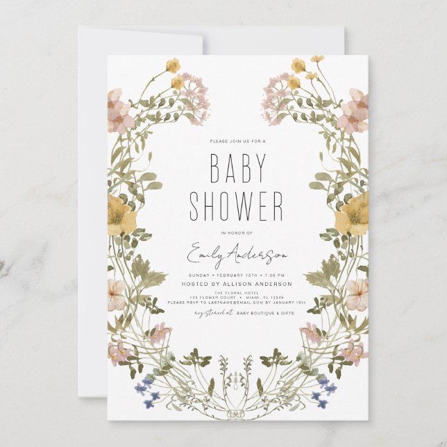 Invitation Fleur sauvage Boho Baby shower élégant moderne Inv (Devant)