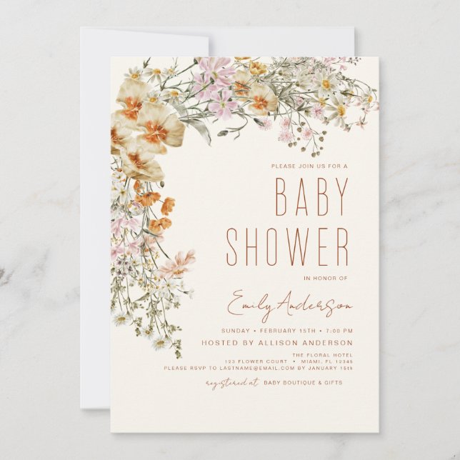 Invitation Fleur sauvage Boho Baby shower Terracotta Moderne (Devant)