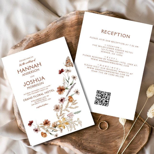 Invitation Fleur sauvage Boho Beige tout en un QR Code Mariag (Créateur téléchargé)