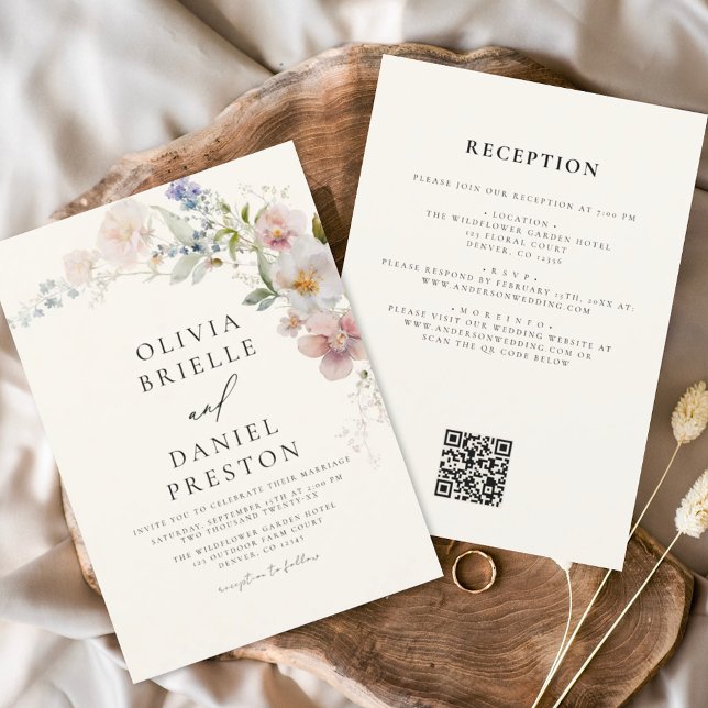 Invitation Fleur sauvage Boho Beige tout en un QR Code Mariag (Créateur téléchargé)