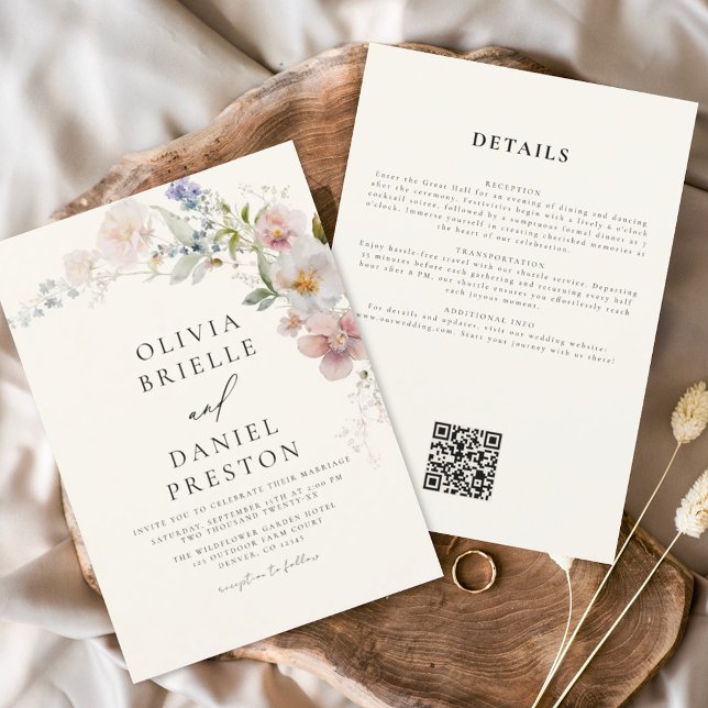 Invitation Fleur sauvage Boho Beige tout en un QR Code Mariag (Créateur téléchargé)
