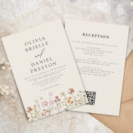 Invitation Fleur sauvage Boho Beige tout en un QR Code Mariag