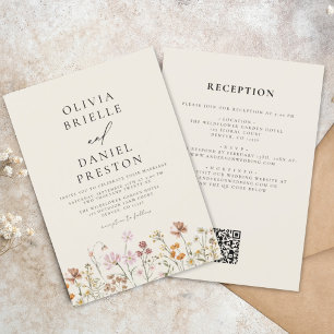 Invitation Fleur sauvage Boho Beige tout en un QR Code Mariag