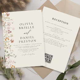 Invitation Fleur sauvage Boho Beige tout en un QR Code Mariag