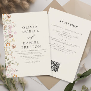 Invitation Fleur sauvage Boho Beige tout en un QR Code Mariag