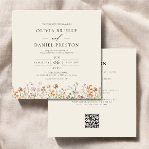 Invitation Fleur sauvage Boho Beige tout en un QR Code Mariag