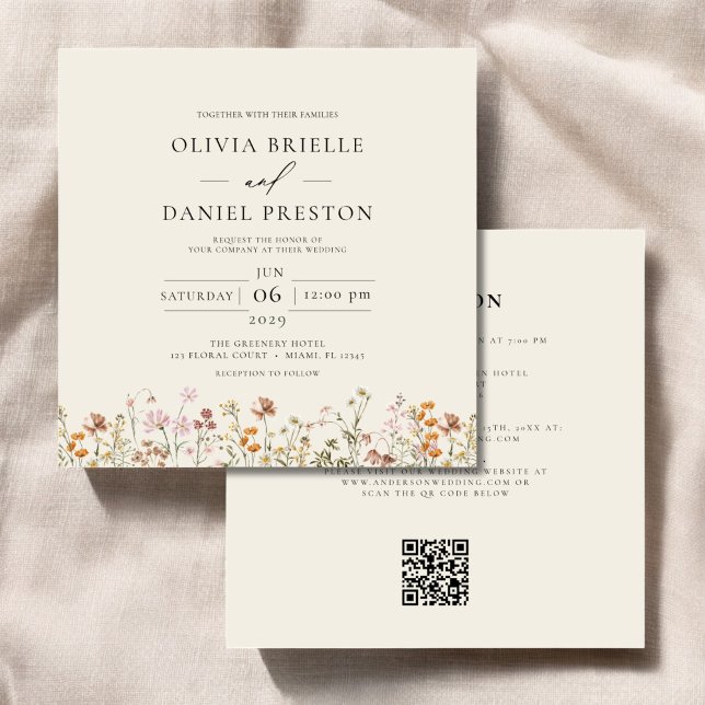 Invitation Fleur sauvage Boho Beige tout en un QR Code Mariag (Créateur téléchargé)