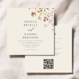 Invitation Fleur sauvage Boho Beige tout en un QR Code Mariag