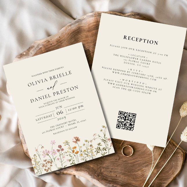 Invitation Fleur sauvage Boho Beige tout en un QR Code Mariag (Créateur téléchargé)