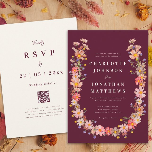 Invitation Fleur sauvage Boho Burgundy Mariage de automne (Wildflower boho romantic burgundy fall wedding invitation terracotta burnt  orange floral watercolor)