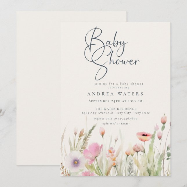 Invitation Fleur sauvage Boho Chic Baby shower (Devant / Derrière)