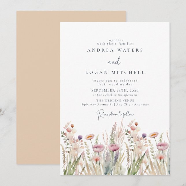 Invitation Fleur sauvage Boho Chic Mariage (Devant / Derrière)