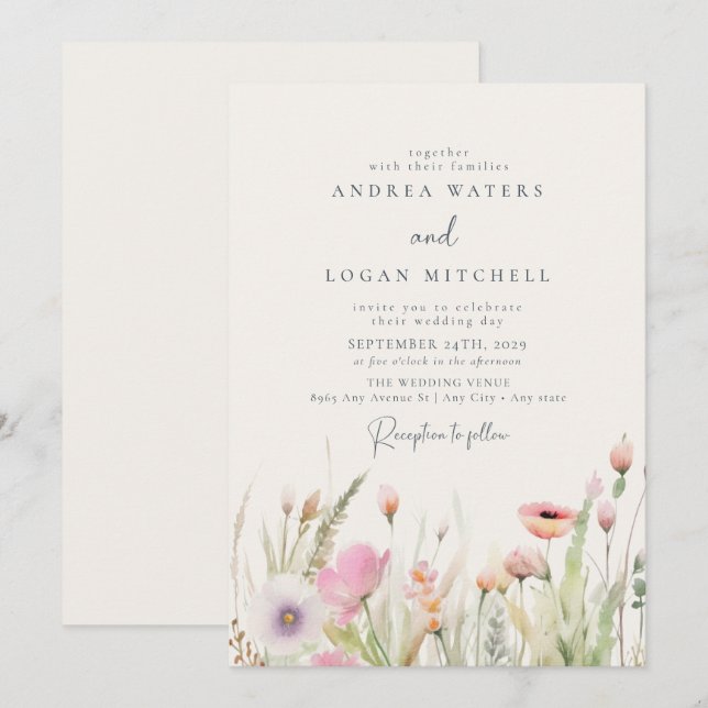 Invitation Fleur sauvage Boho Chic Mariage (Devant / Derrière)