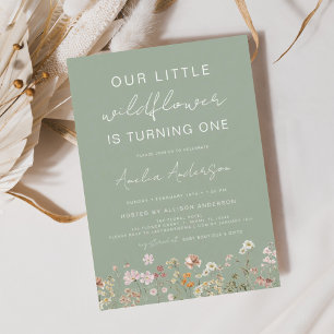 Invitation Fleur sauvage Boho Chic Premier anniversaire Sage 