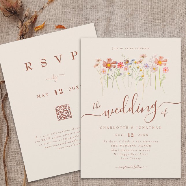 Invitation Fleur sauvage Boho Fall Beige Terracotta Code QR (Boho rustic wildflower floral beige terracotta wedding qr code invitation country meadow flowers)
