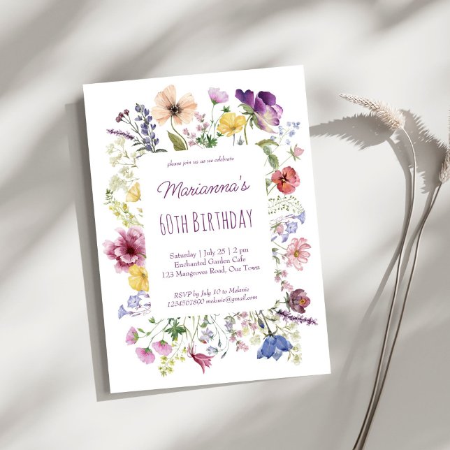Invitation Fleur sauvage boho fleurs violet fête d'anniversai (Wildflower boho flowers purple plum summer birthday party invitation template instant download)
