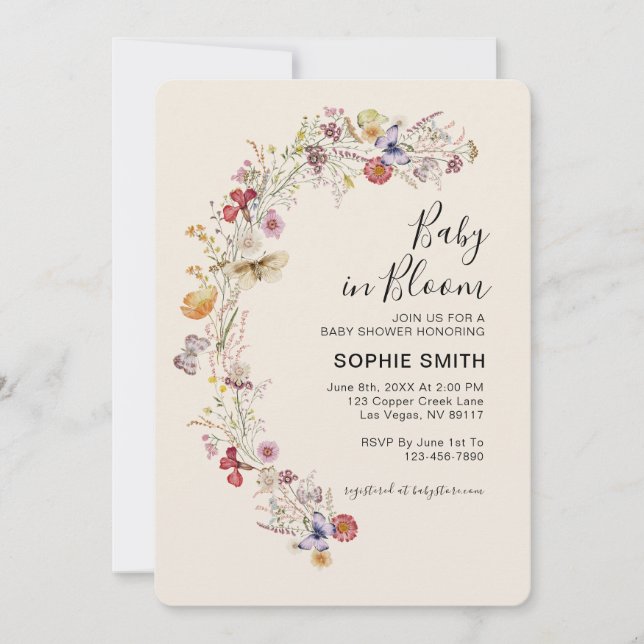 Invitation Fleur sauvage Boho Garden bébé en fleurs (Devant)