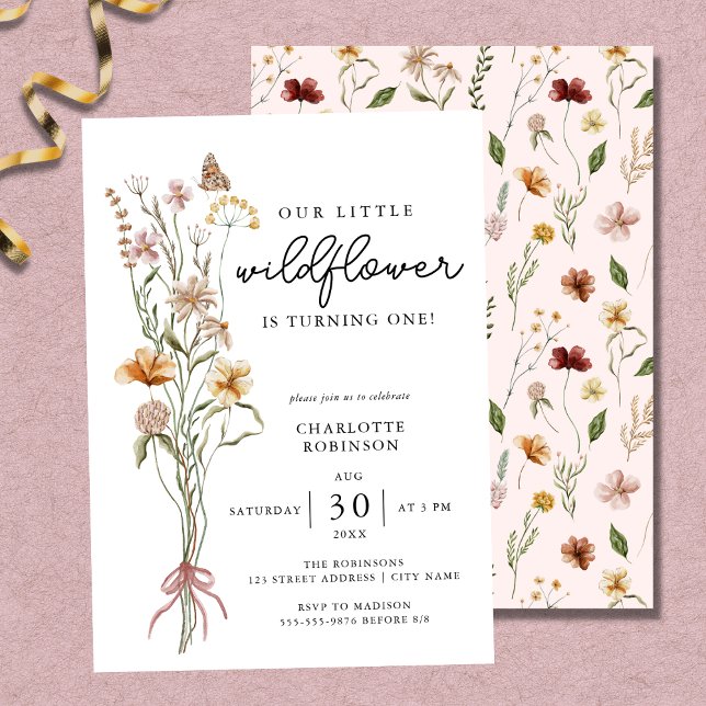 Invitation Fleur sauvage Boho Garden Thème Fille 1er Annivers (Créateur téléchargé)
