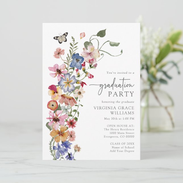Invitation Fleur sauvage Boho Graduation Party (Debout devant)
