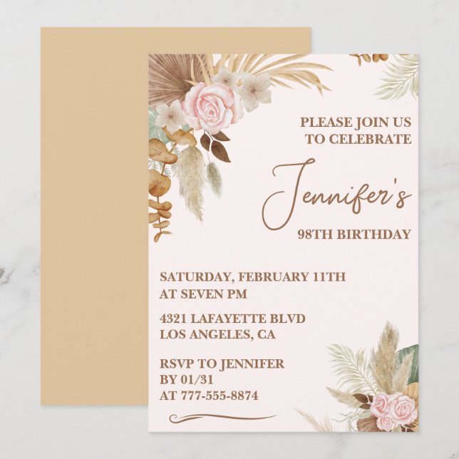 Invitation Fleur sauvage Boho Groovy Caprice 98e anniversaire (Devant / Derrière)