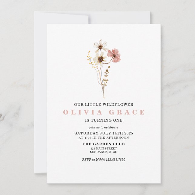 Invitation Fleur sauvage Boho jardin fleuri premier anniversa (Devant)