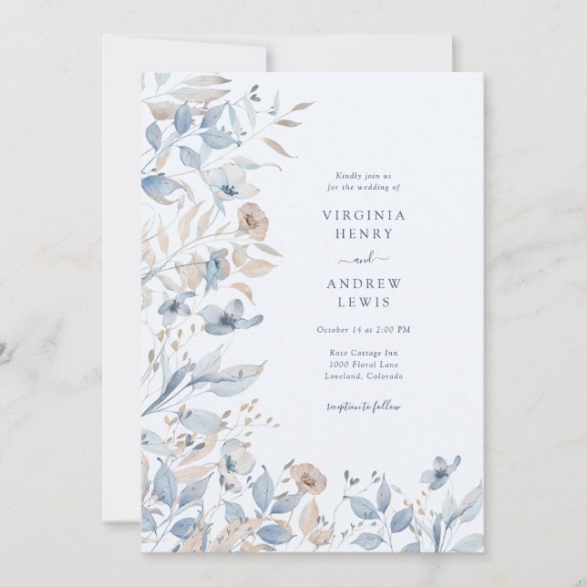 Invitation Fleur sauvage Boho Mariage bleu (Devant)