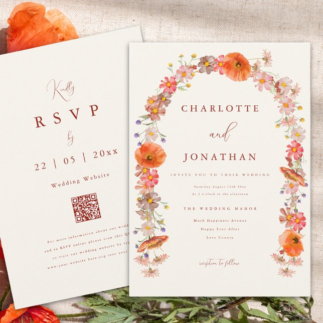Invitation Fleur sauvage Boho Mariage de automne (Boho wildflower arch fall wedding invitation orange qr code)