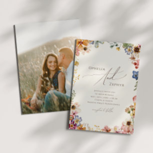 Invitation Fleur sauvage Boho moderne Beige Photo Mariage Déc