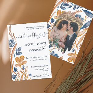 Invitation Fleur sauvage Boho moderne Terracotta Marine Bleu