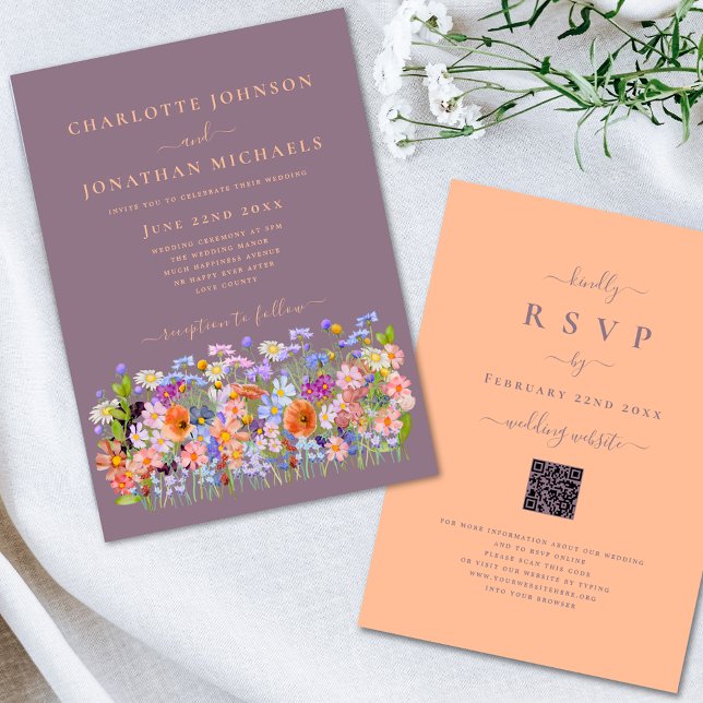 Invitation Fleur sauvage Boho Peach (Boho chic wildflower watercolor floral wedding invitation peach fuzz typography calligraphy )