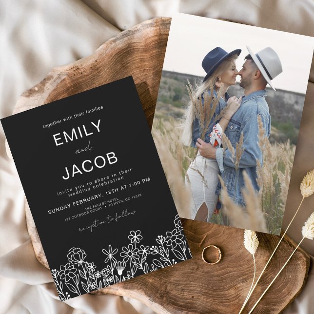Invitation Fleur sauvage Boho Photo Mariage noir (Créateur téléchargé)