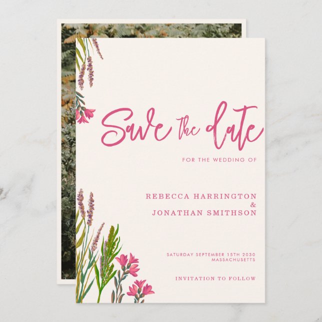 Invitation Fleur sauvage Boho Rose Photo Wedding Enregistrer  (Devant / Derrière)