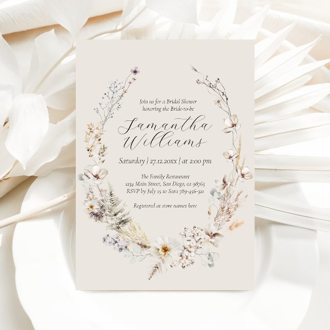 Invitation Fleur sauvage Boho Rustic Elegant Fête des mariées (Créateur téléchargé)