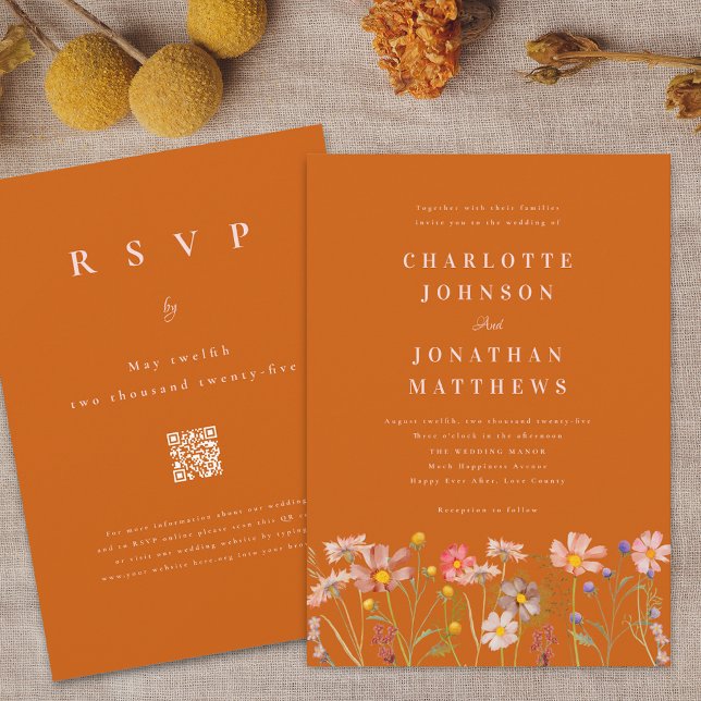 Invitation Fleur Sauvage Boho Terracotta Orange Brûlé Code Qr (Wildflower boho fall burnt orange rust terracotta blush pink qr code Wedding Invitation watercolor  )