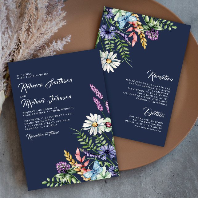 Invitation Fleur sauvage Boho tout en un Mariage bleu marine (Créateur téléchargé)