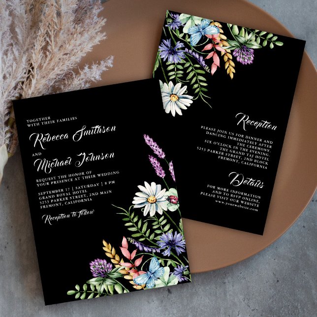 Invitation Fleur sauvage Boho tout en un Mariage noir (Créateur téléchargé)