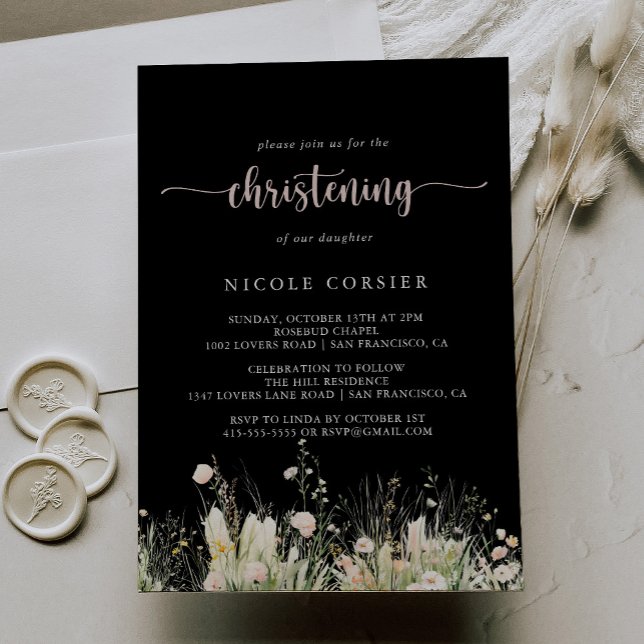 Invitation Fleur sauvage Boho vert Noir Christening (Créateur téléchargé)
