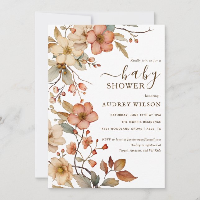 Invitation Fleur sauvage Boho Watercolor Baby shower Invitati (Devant)