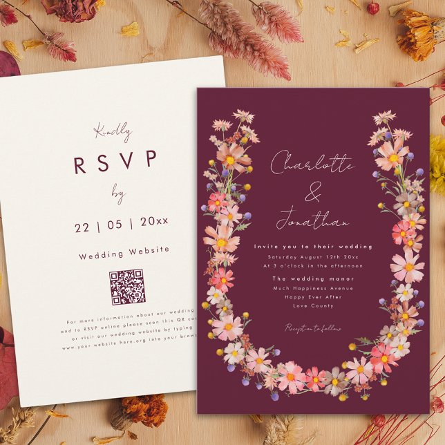 Invitation Fleur sauvage Boho Wreath Bourgogne Mariage de aut (Wildflower boho wreath romantic burgundy fall wedding invitation )