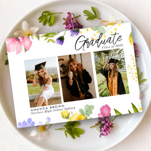 Invitation Fleur sauvage Bold Trois photo Graduation 2025