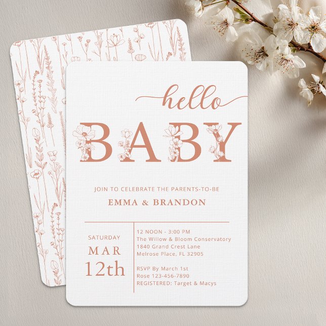 Invitation Fleur Sauvage Bonjour Bébé en Terracott (Terracotta Baby Shower Invite)