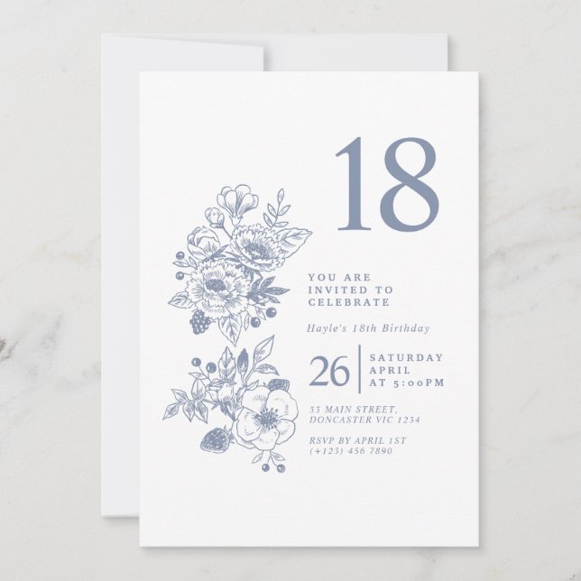 Invitation Fleur sauvage botanique Dusty Blue 18e anniversair (Devant)