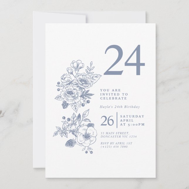 Invitation Fleur sauvage botanique Dusty Blue 24e anniversair (Devant)