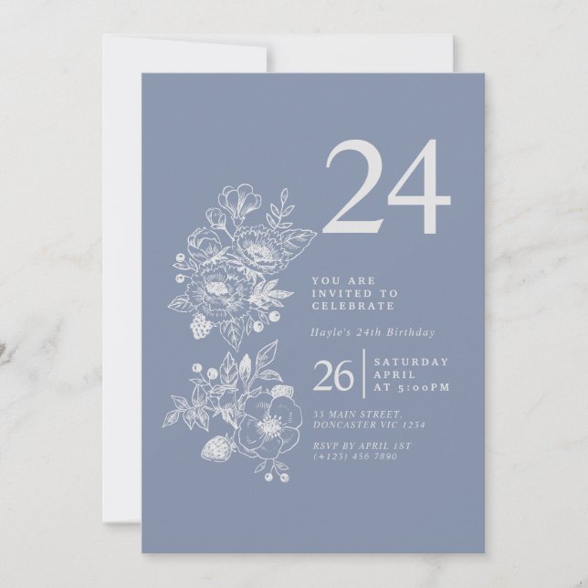 Invitation Fleur sauvage botanique Dusty Blue 24e anniversair (Devant)