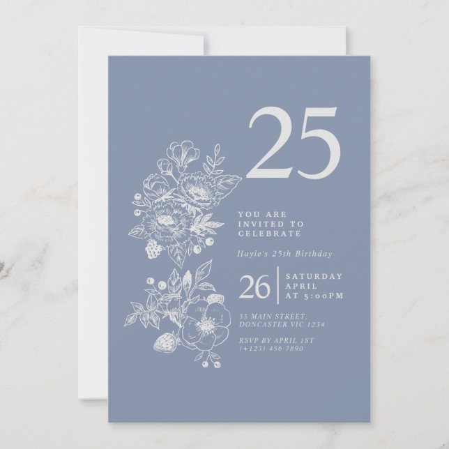 Invitation Fleur sauvage botanique Dusty Blue 25e anniversair (Devant)