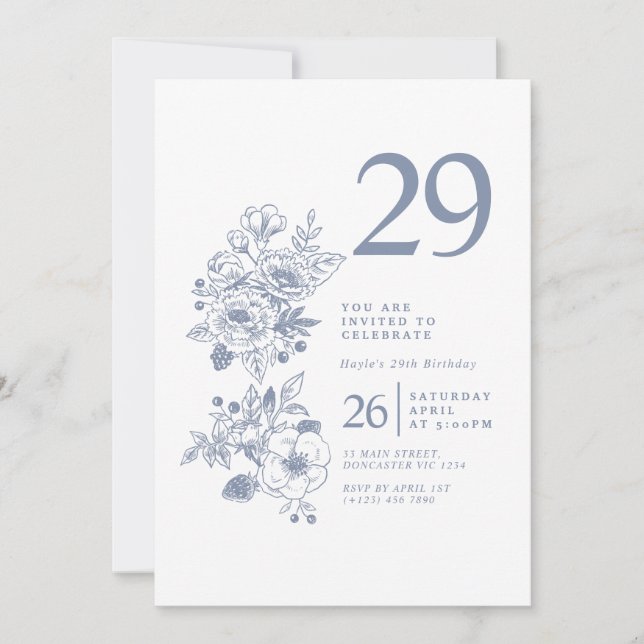 Invitation Fleur sauvage botanique Dusty Blue 29e anniversair (Devant)