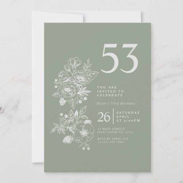 Invitation Fleur sauvage botanique Dusty Blue 53e anniversair (Devant)
