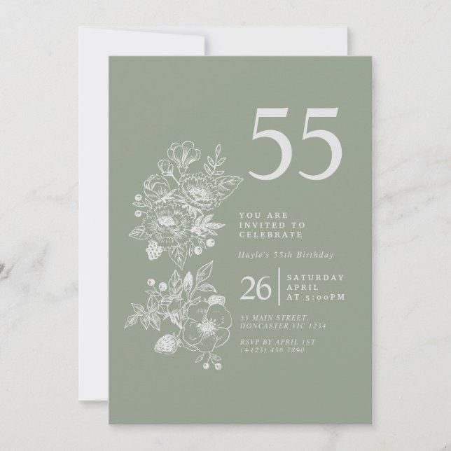 Invitation Fleur sauvage botanique Dusty Blue 55e anniversair (Devant)