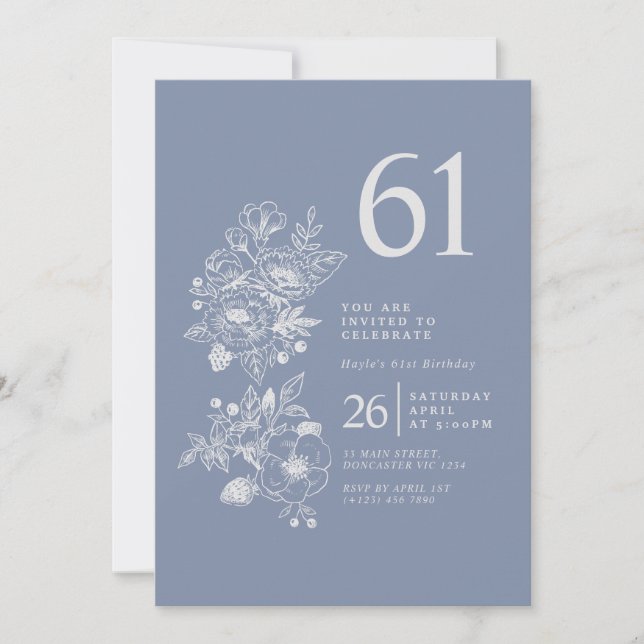 Invitation Fleur sauvage botanique Dusty Blue 61e anniversair (Devant)